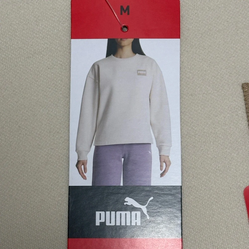 Women's PUMA Medium 8 10 Cream Fleece Sweatshirt Logo Crew Pullover Long Sleeve - Picture 8 of 12